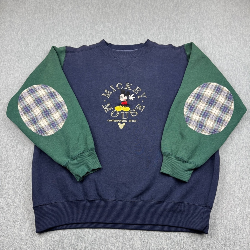 Vintage Mickey Mouse Unlimited Sweatshirt Men Large Green Blue Plaid Elbow Patch